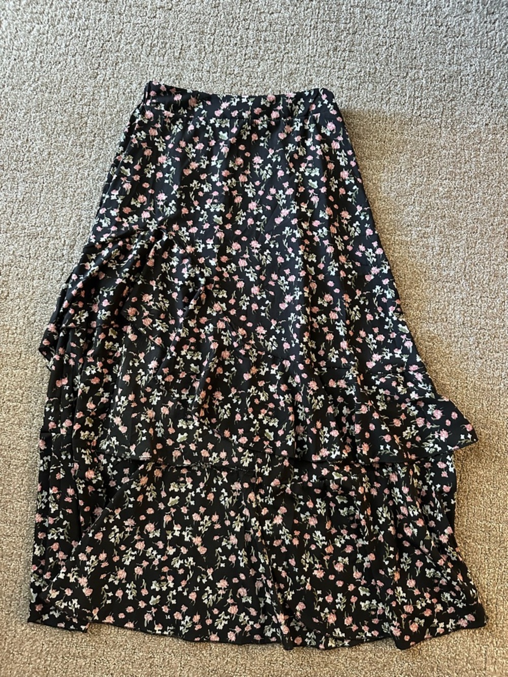 Floral Ruffled Maxi Skirt in Black and Pink